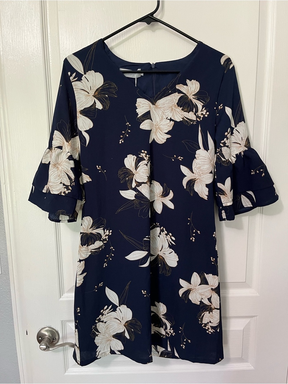 Floral Navy Midi Dress with Ruffle Sleeves